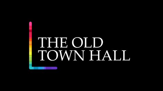 White text on a black background that reads The Old Town Hall. On the left side of the text is a rainbow pattern in a L shape